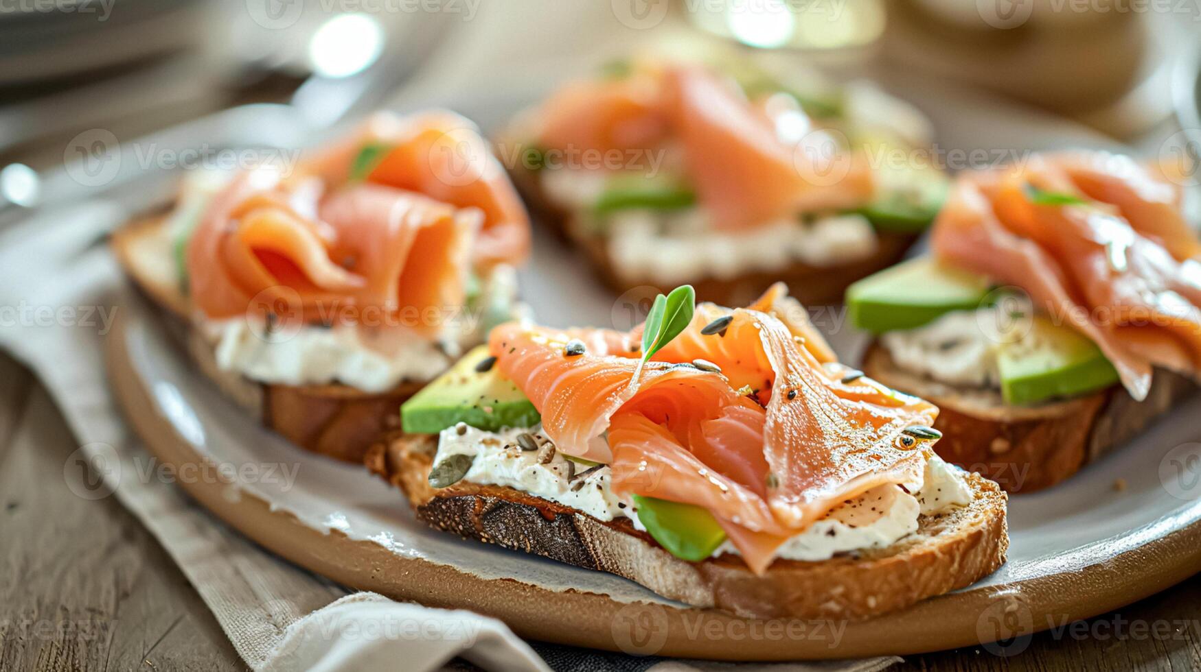 ai généré Avocat pain grillé avec fumé Saumon pour petit-déjeuner, fait maison cuisine et traditionnel nourriture, pays la vie photo