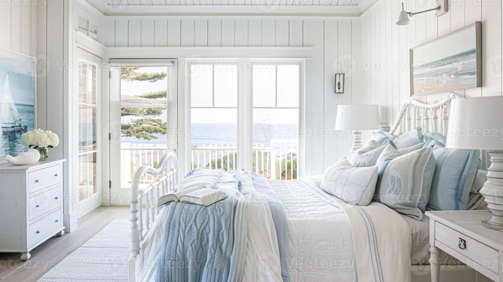 ai généré blanc côtier chalet chambre décor, intérieur conception et Accueil décor, lit avec élégant literie et sur mesure meubles, Anglais pays maison et vacances de location photo