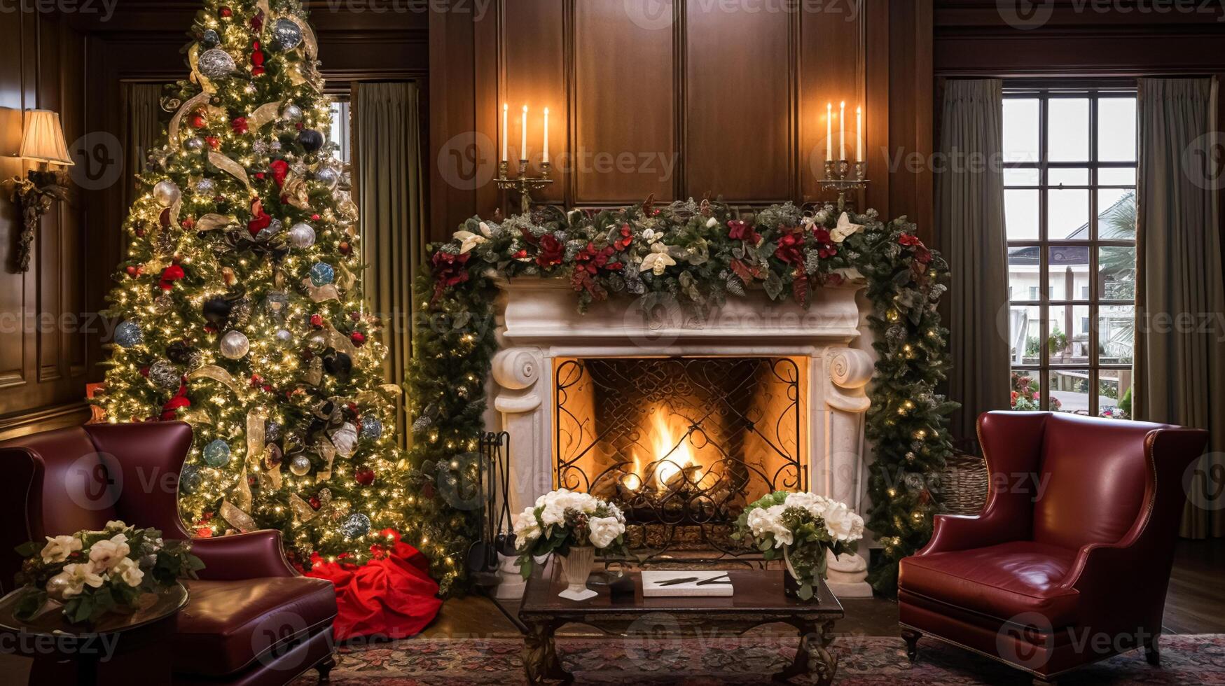 ai généré Noël à le manoir, Anglais campagne décoration et intérieur décor photo