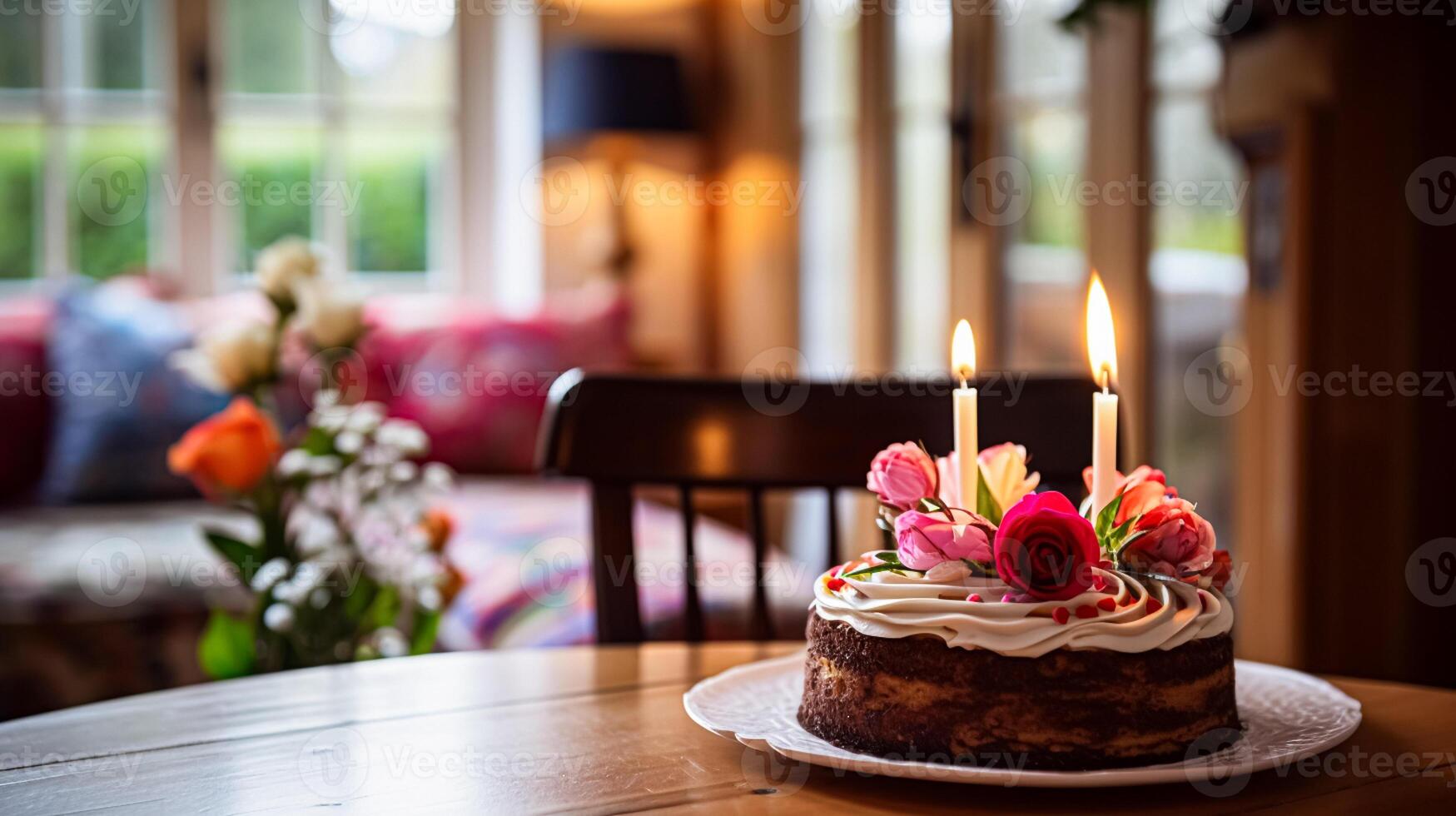 ai généré fait maison anniversaire gâteau dans le Anglais campagne loger, chalet cuisine nourriture et vacances cuisson recette photo