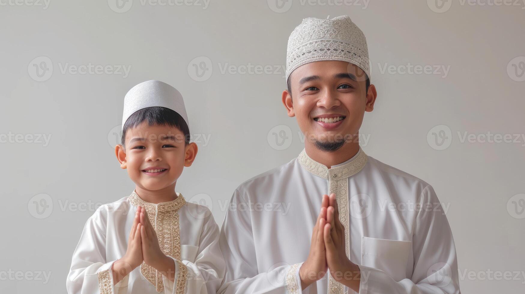 ai généré content musulman famille père et fils salutation eid mubarak photo