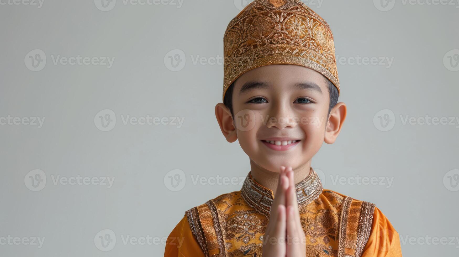 ai généré mignonne musulman peu asiatique garçon salutation ramadhan isolé sur blanc arrière-plan.jpg photo