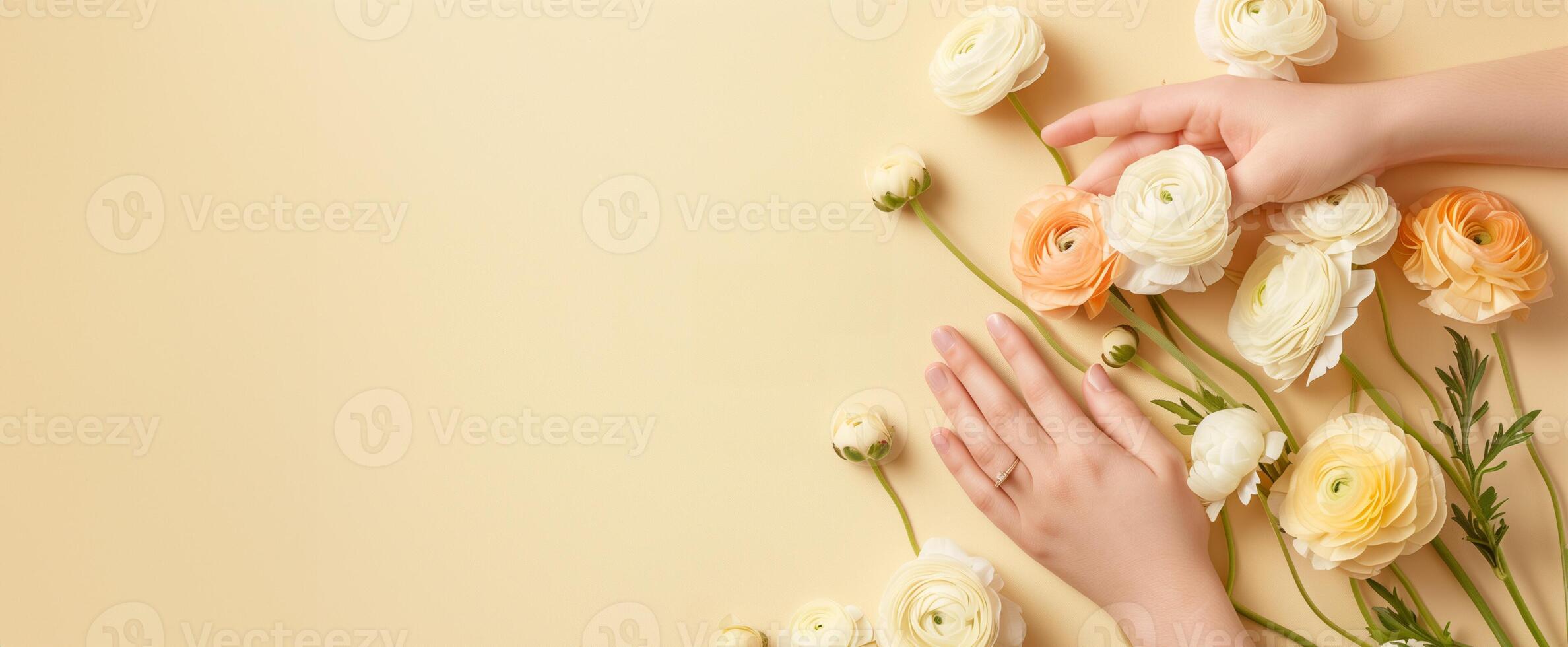 ai généré doux touche, femme et doux renoncule bouquet photo