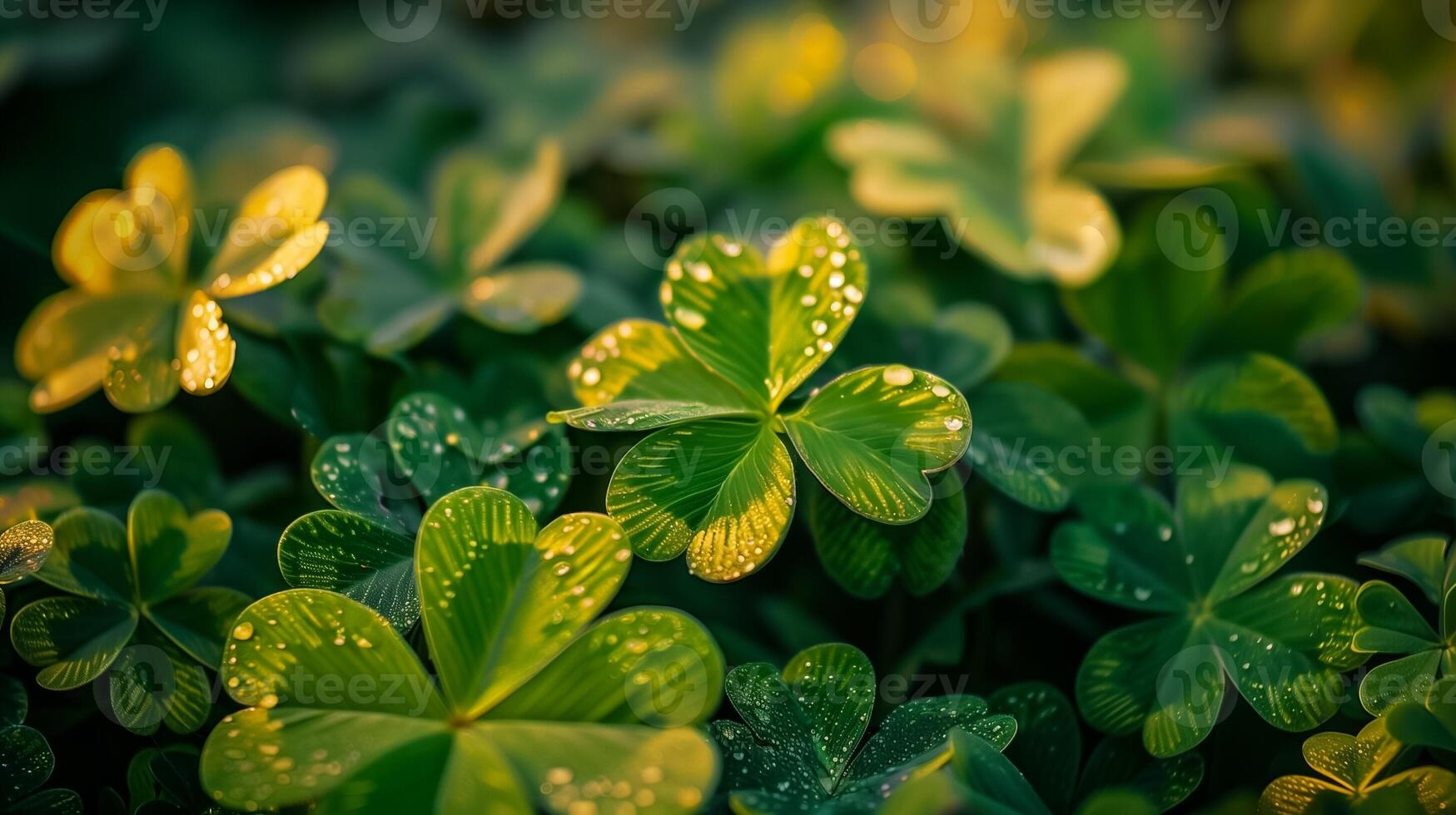 ai généré proche en haut de Frais vert trèfle feuilles avec rosée gouttes, en relation à concepts de nature, chance, et st patricks journée fête photo