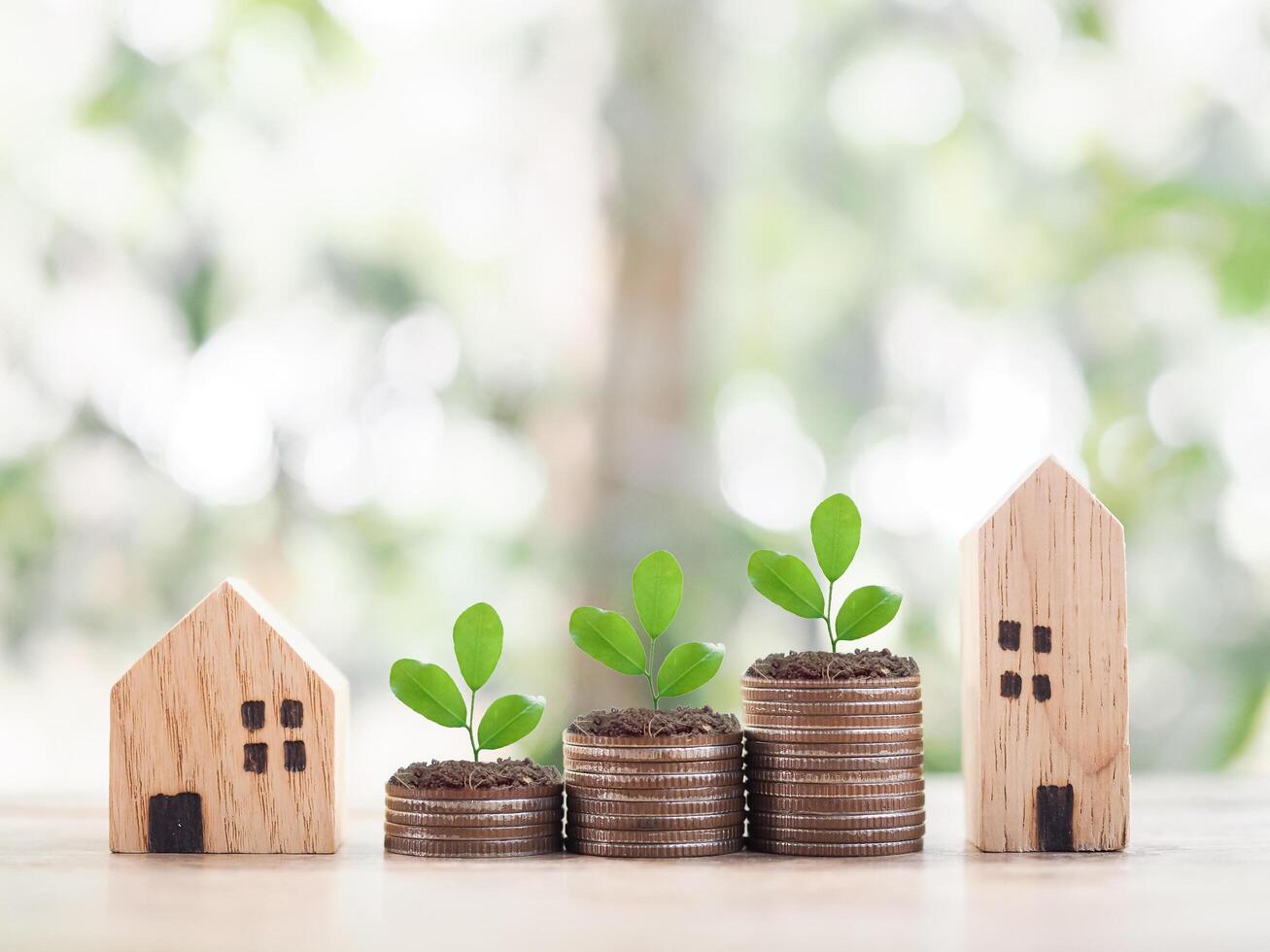 miniature maison et les plantes croissance en haut sur empiler de pièces de monnaie. le concept de économie argent pour loger, propriété investissement, maison hypothèque, réel domaine. photo