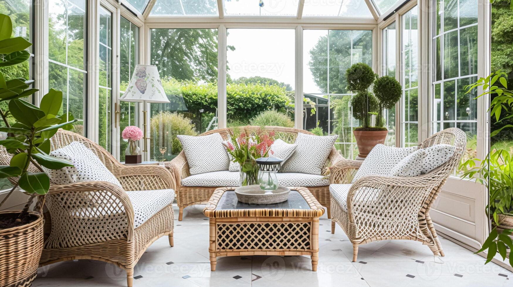 ai généré chalet conservatoire pièce décor, intérieur conception et maison amélioration, jardin meubles avec canapé et Accueil décor, Anglais pays maison photo