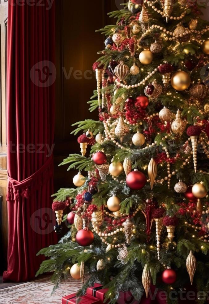 ai généré décoré Noël arbre avec classique ornements et décorations, Anglais pays maison et chalet style, joyeux Noël et content vacances vœux, génératif ai photo