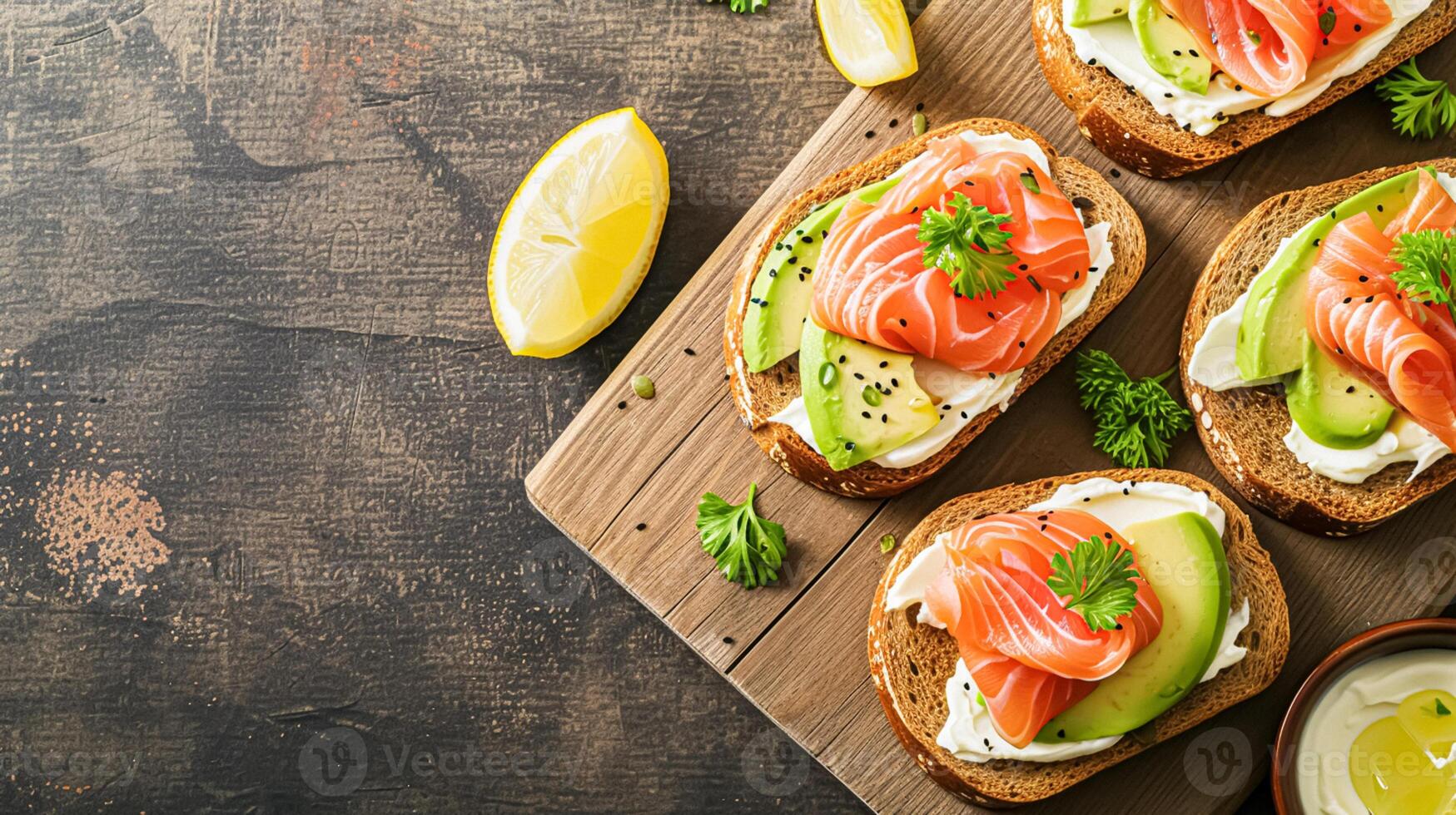 ai généré Avocat pain grillé avec fumé Saumon pour petit-déjeuner, fait maison cuisine et traditionnel nourriture, pays la vie photo