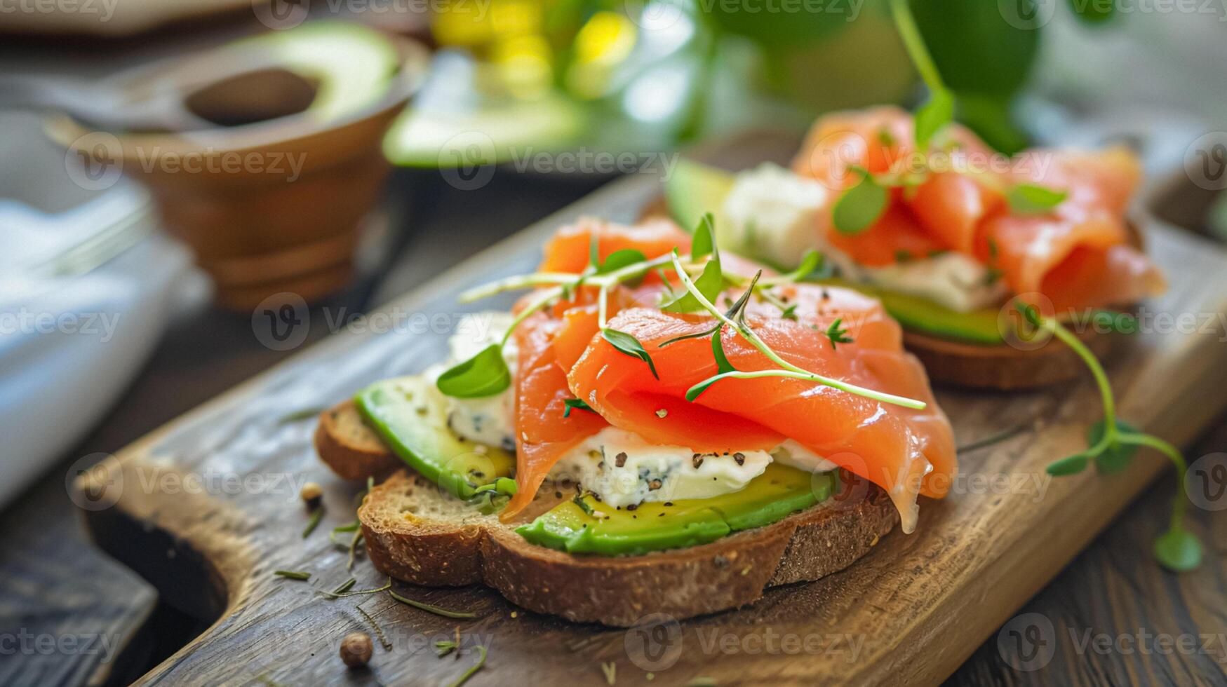 ai généré Avocat pain grillé avec fumé Saumon pour petit-déjeuner, fait maison cuisine et traditionnel nourriture, pays la vie photo