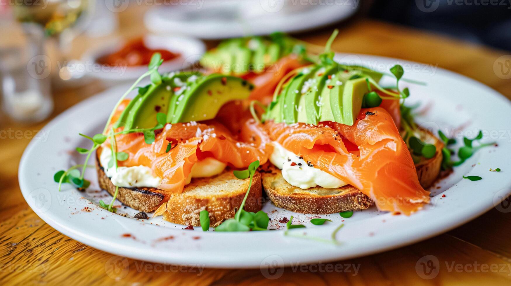 ai généré Avocat pain grillé avec fumé Saumon pour petit-déjeuner, fait maison cuisine et traditionnel nourriture, pays la vie photo