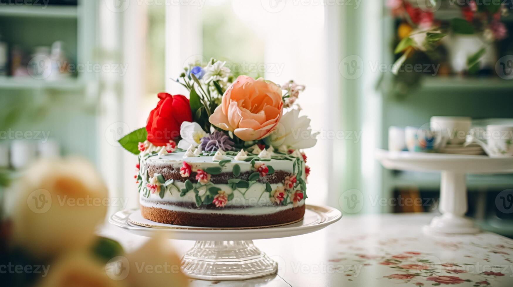 ai généré fait maison anniversaire gâteau dans le Anglais campagne loger, chalet cuisine nourriture et vacances cuisson recette photo