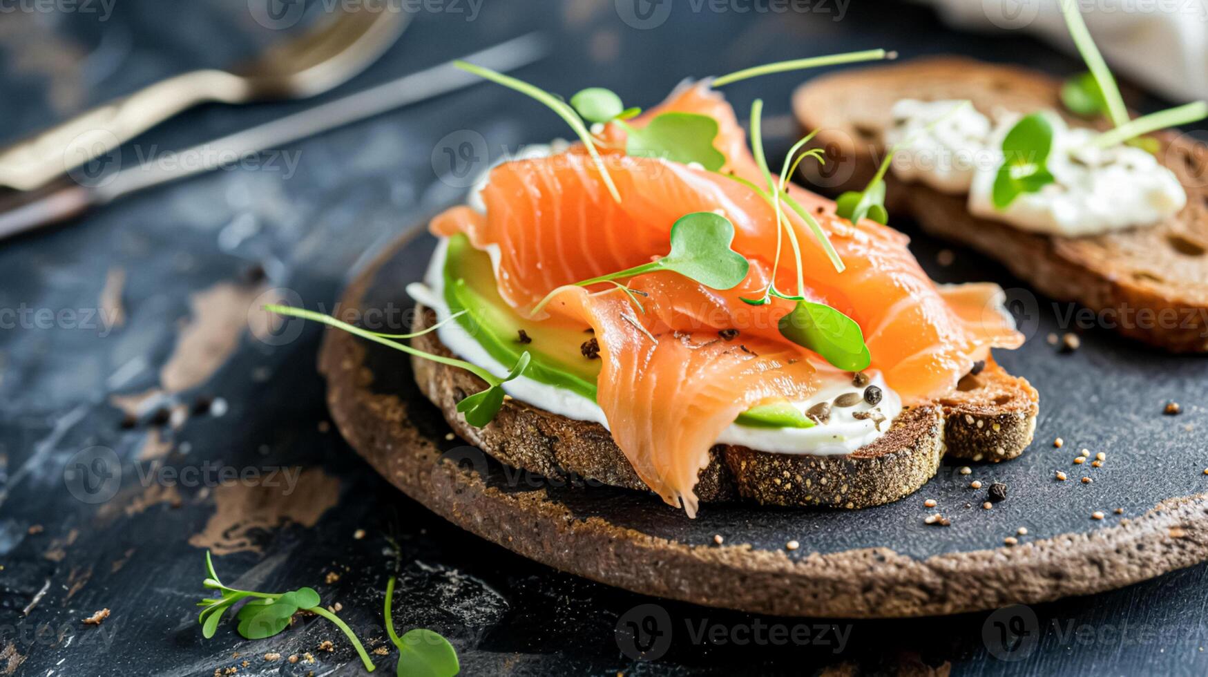 ai généré Avocat pain grillé avec fumé Saumon pour petit-déjeuner, fait maison cuisine et traditionnel nourriture, pays la vie photo