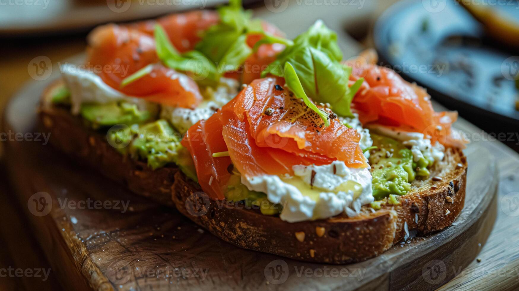 ai généré Avocat pain grillé avec fumé Saumon pour petit-déjeuner, fait maison cuisine et traditionnel nourriture, pays la vie photo