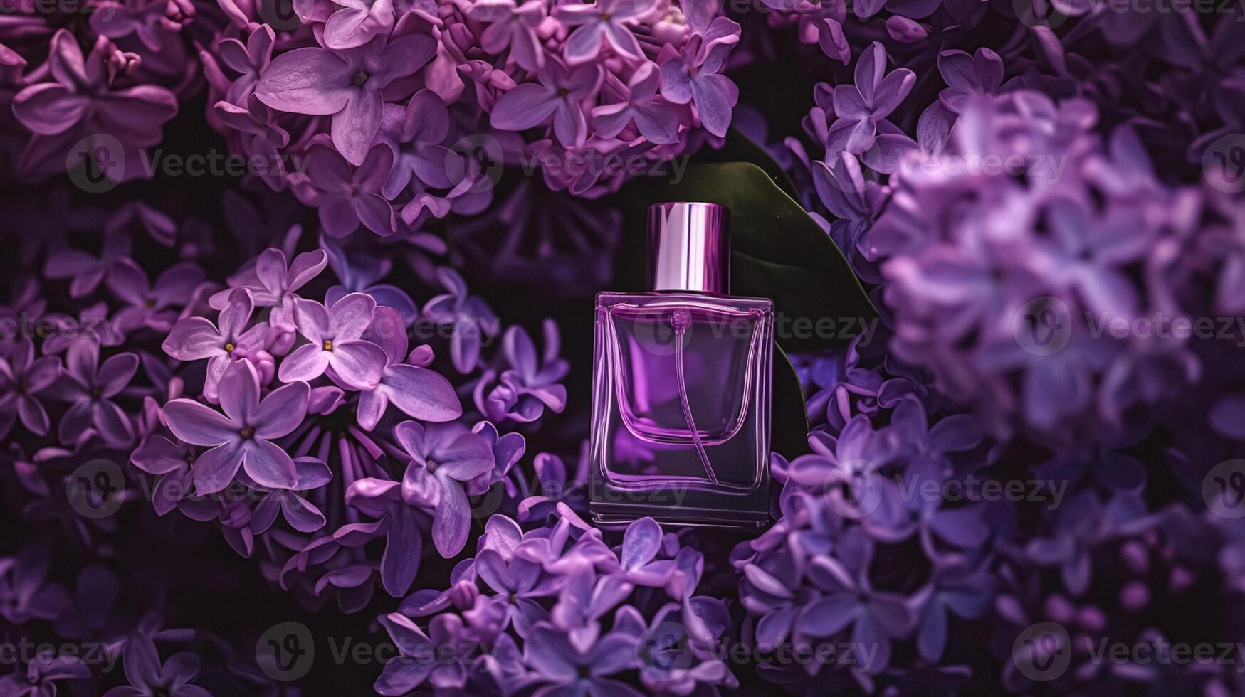 ai généré parfum bouteille dans fleurs, fragrance sur épanouissement arrière-plan, floral parfum et cosmétique produit photo