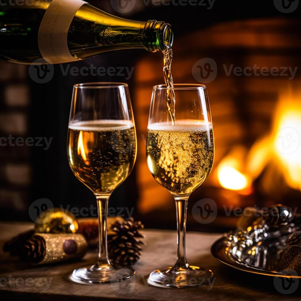 ai généré pétillant vin, prosecco ou Champagne dans de face de une cheminée sur une vacances veille fête, joyeux Noël, content Nouveau année et content vacances photo