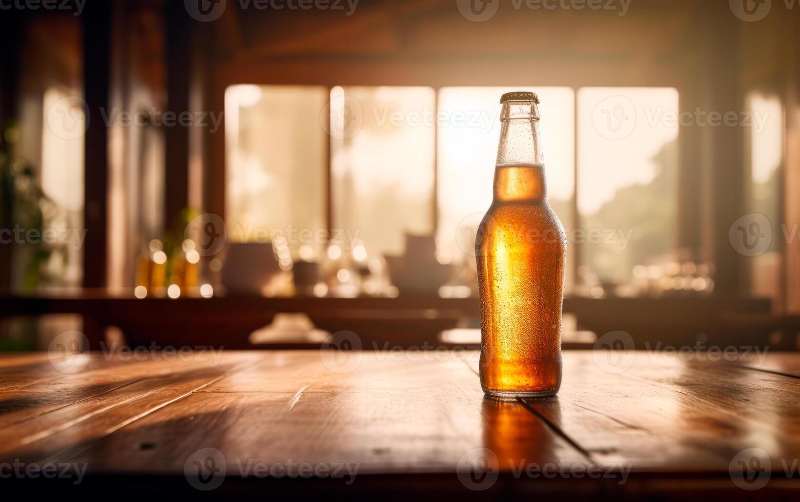 ai généré généré je suis frais bouteille de Bière sur bar table avec bokeh Contexte et vide espace pour texte. moquer en haut ou modèle bouteille de bière.ge photo