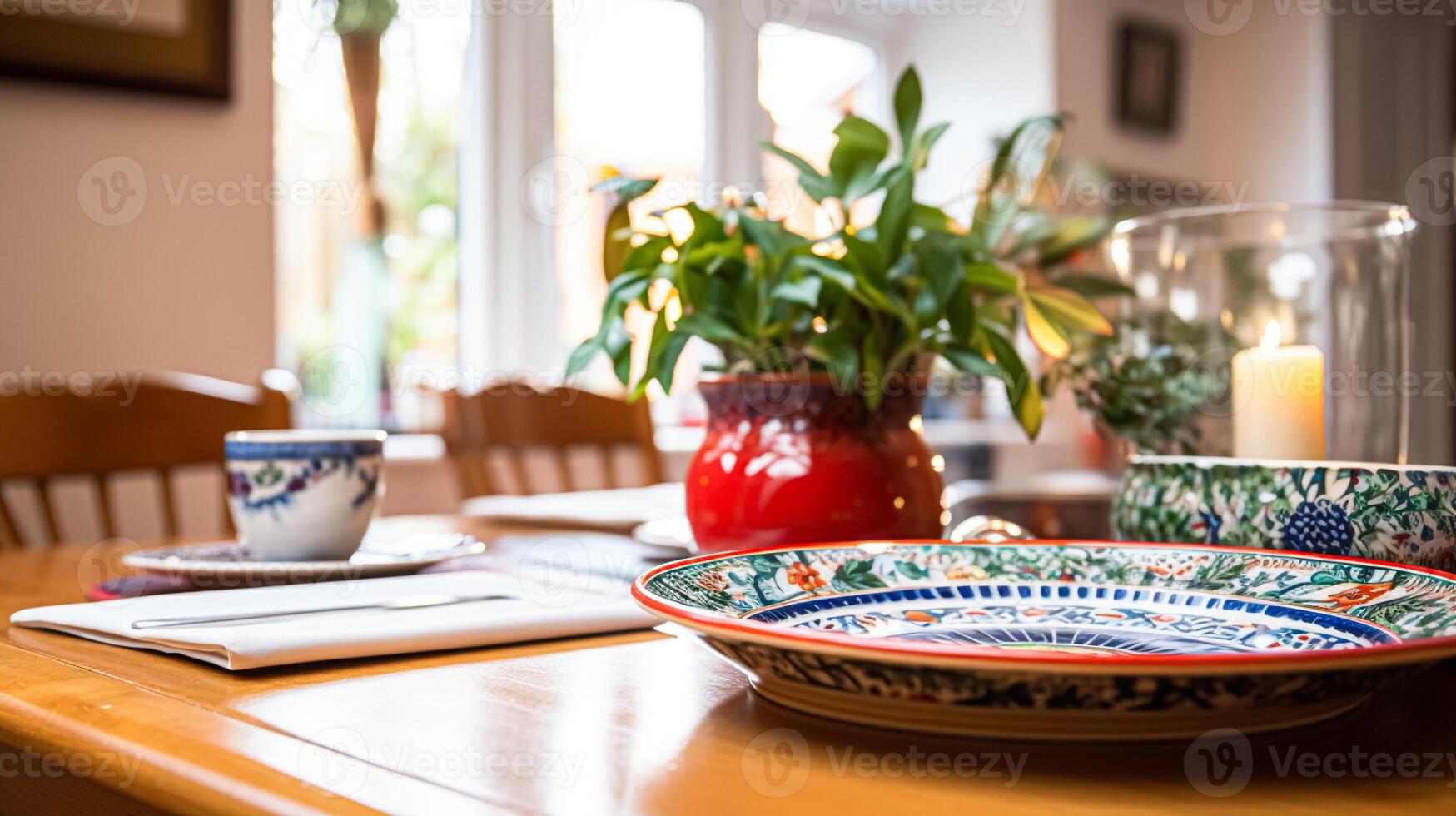 ai généré vaisselle et vaisselle ensemble pour hiver vacances famille dîner, Noël articles ménagers décor pour vacances dans le Anglais pays loger, cadeau ensemble et Accueil coiffant photo