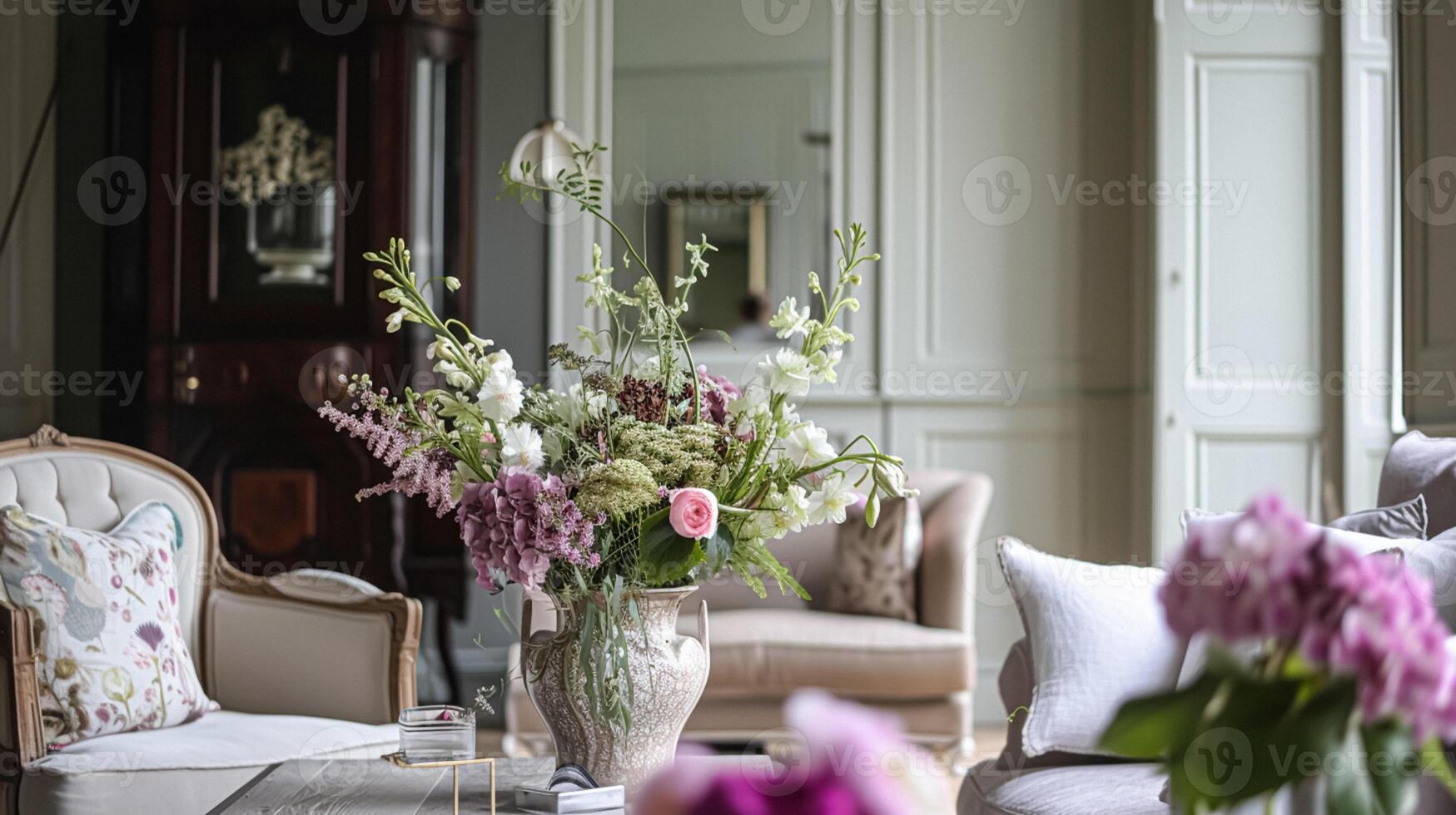 ai généré printemps fleurs dans ancien vase, magnifique floral arrangement, Accueil décor, mariage et fleuriste conception photo