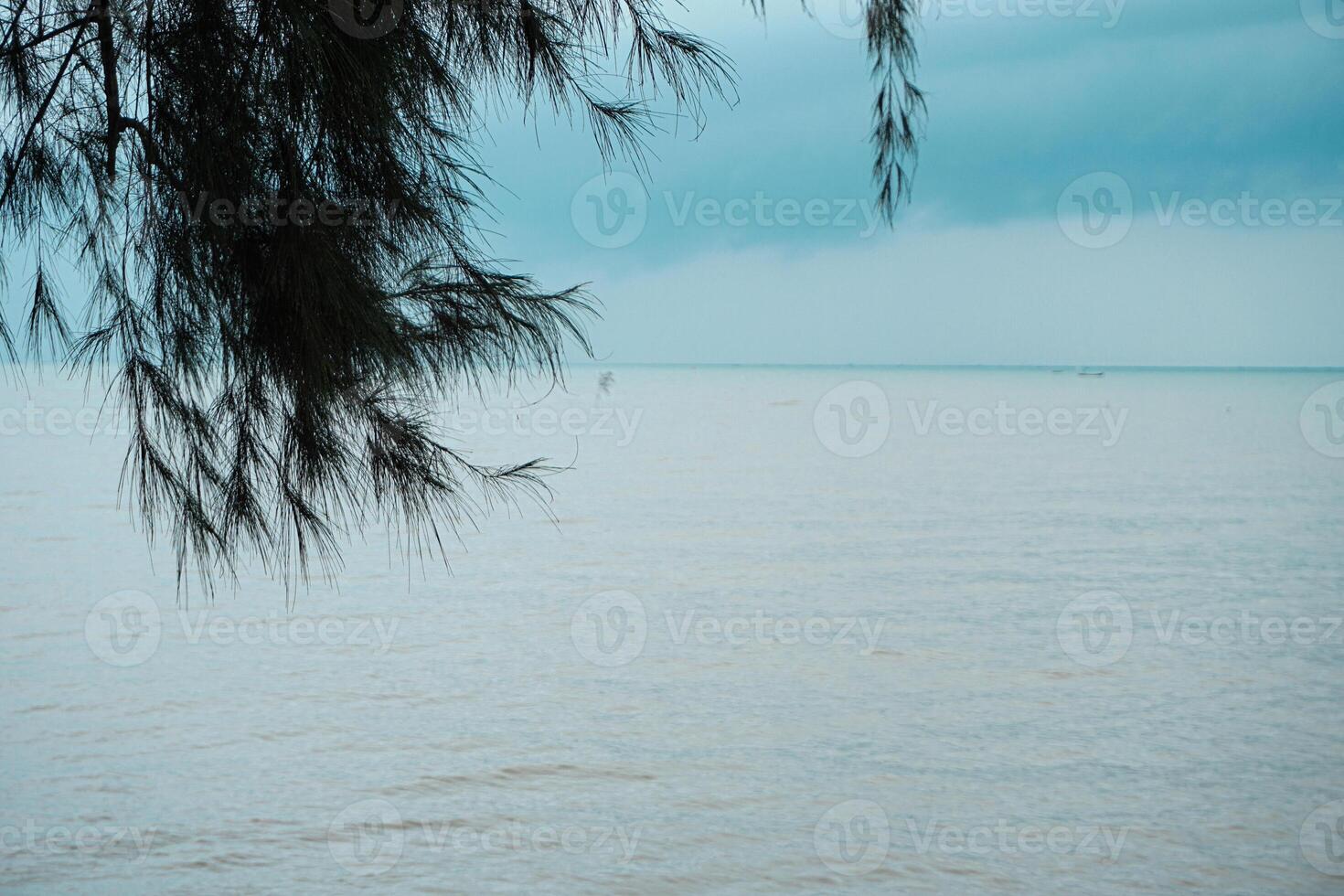 vue de une blanc le sable plage avec nuageux temps et ciels photo