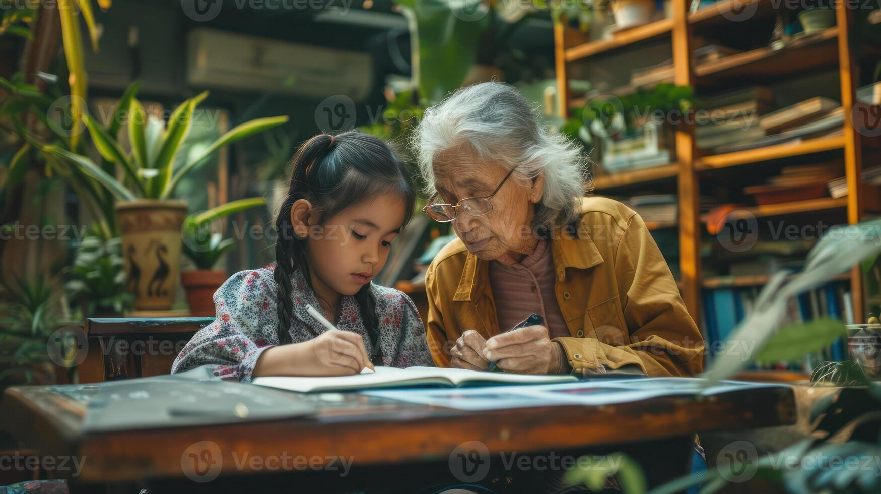 ai généré grand-mère assistant petite fille avec devoirs à maison. copie espace disponible. photo