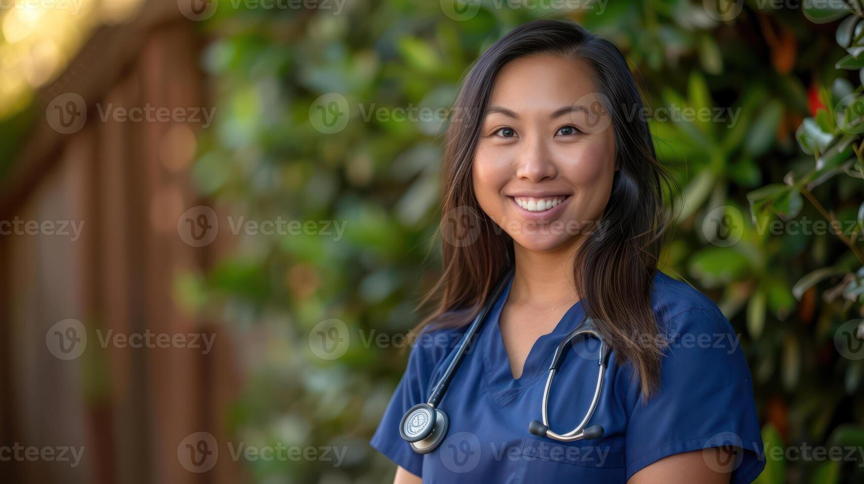 ai généré une soins de santé ouvrier, habillé dans bleu gommages et avec une stéthoscope autour sa cou, est une femelle médical professionnelle. photo