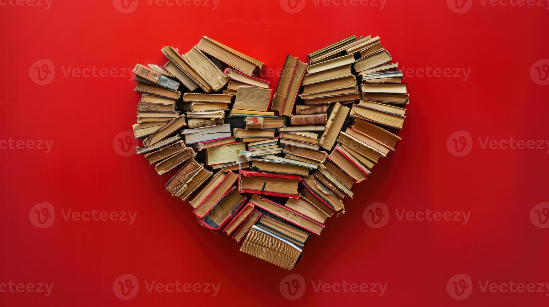 ai généré l'amour récit livres arrangé dans le forme de une cœur, ensemble contre une audacieux rouge toile de fond. photo