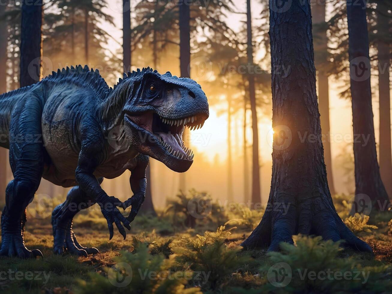 ai généré tyrannosaure Rex ,dinosaure dans le jungle forêt, t Rex préhistorique faune et animaux arrière-plan, fond d'écran photo