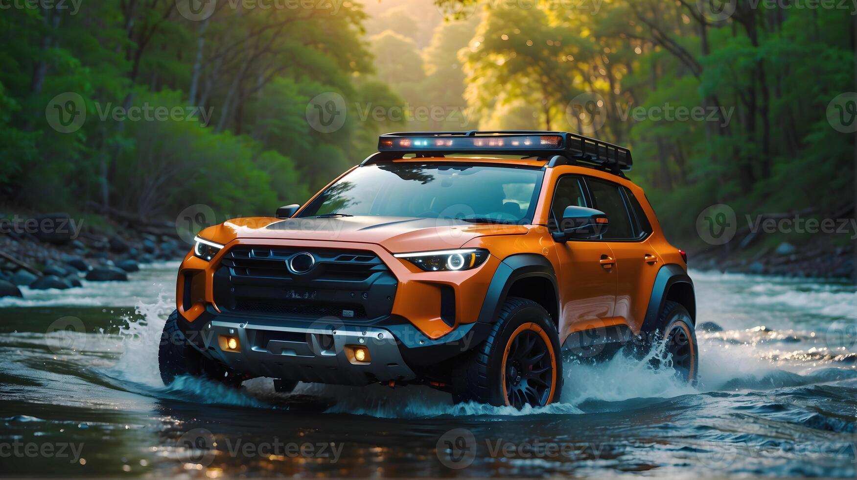 ai généré moderne de route véhicule conduite creux rivière dans le forêt, auto aventure concept, automobile arrière-plan, action fond d'écran photo