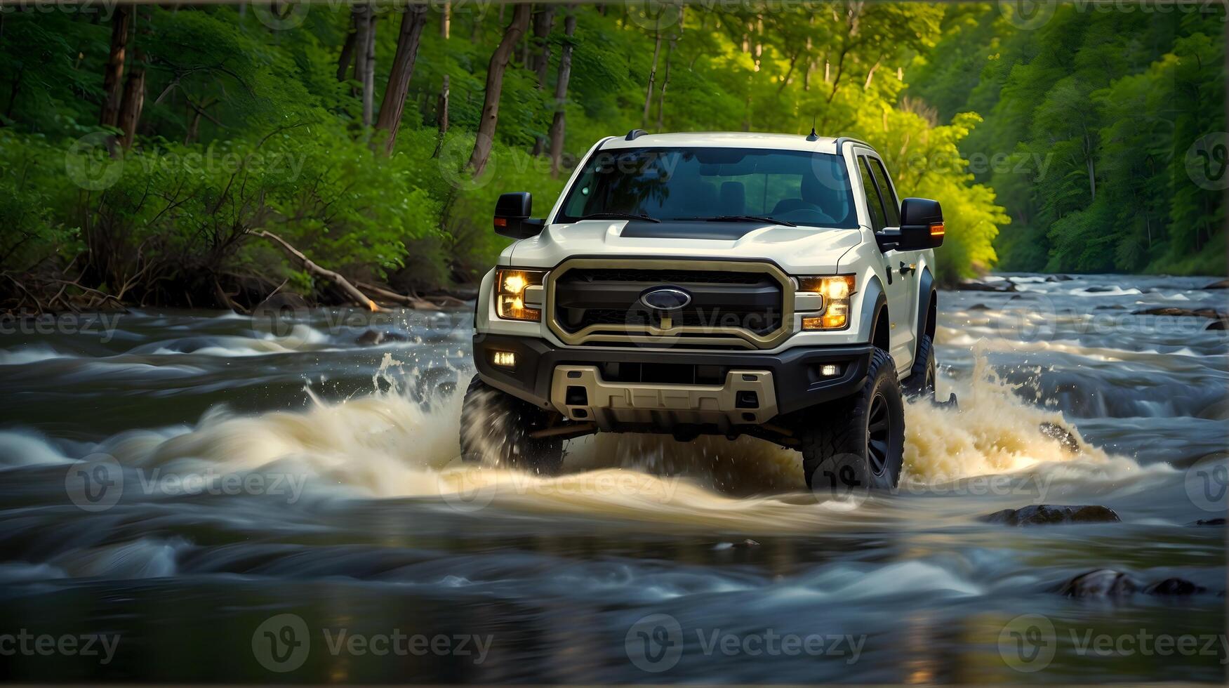 ai généré moderne de route véhicule conduite creux rivière dans le forêt, auto aventure concept, automobile arrière-plan, action fond d'écran photo