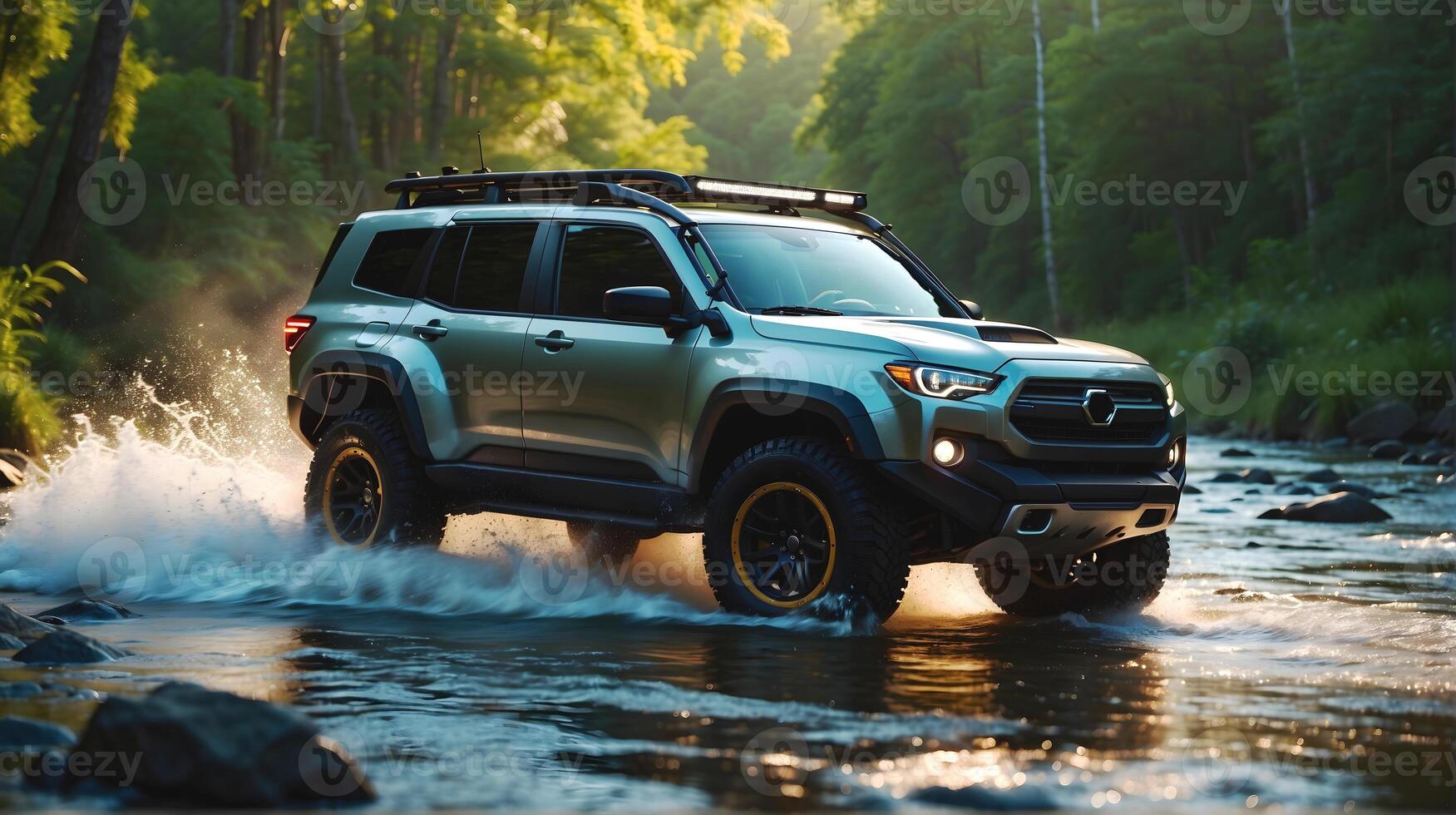 ai généré moderne de route véhicule conduite creux rivière dans le forêt, auto aventure concept, automobile arrière-plan, action fond d'écran photo