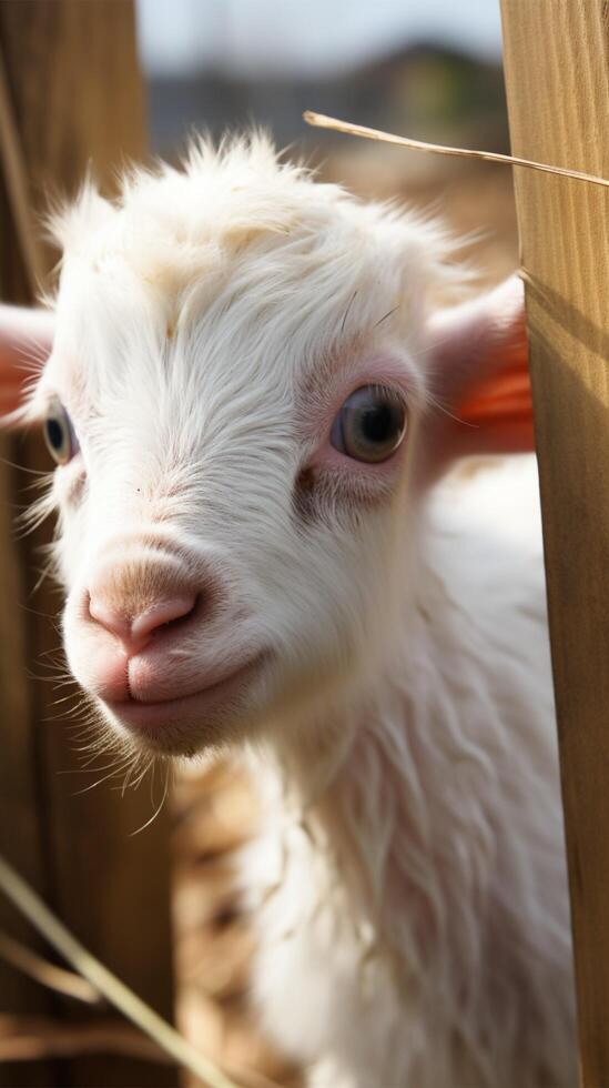 ai généré proche en haut blanc bébé chèvre en jouant avec bambou clôture sur ferme verticale mobile fond d'écran photo