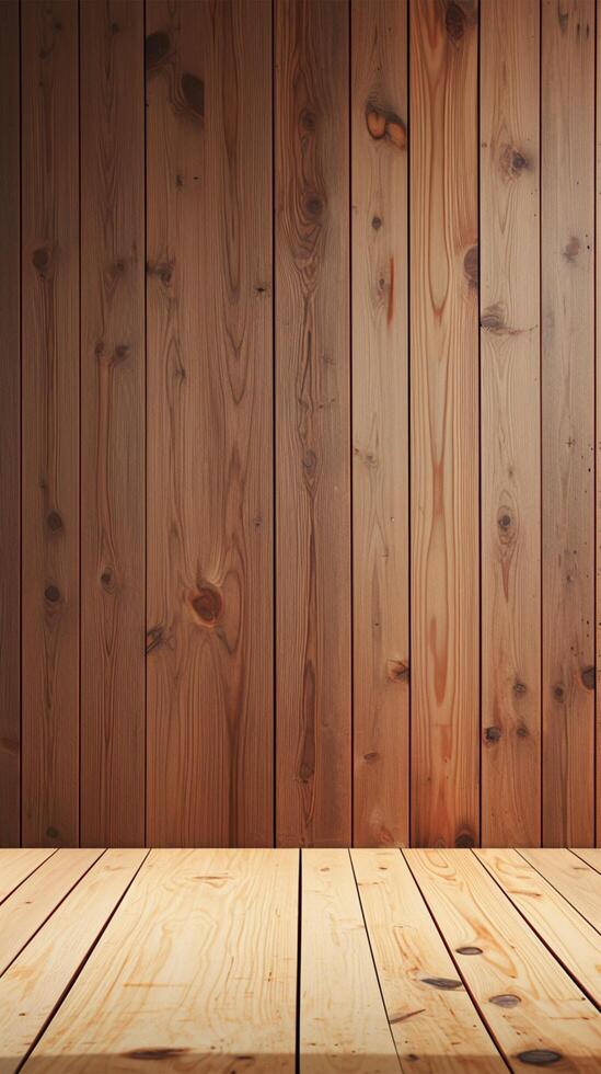 ai généré vide bois dur table sur arbre de pluie en bois mur Contexte verticale mobile fond d'écran photo