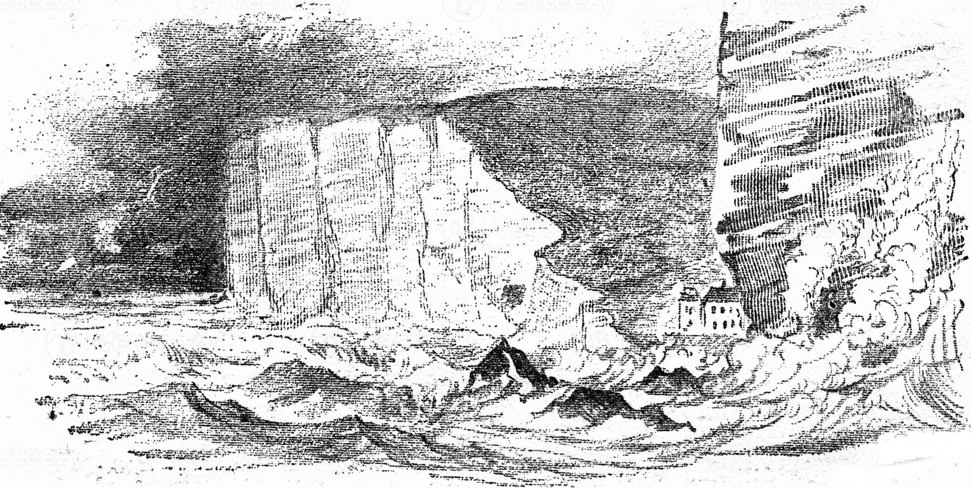 démolition, par le vagues, de le falaises de le littoral de le Anglais canaliser, ancien gravure. photo