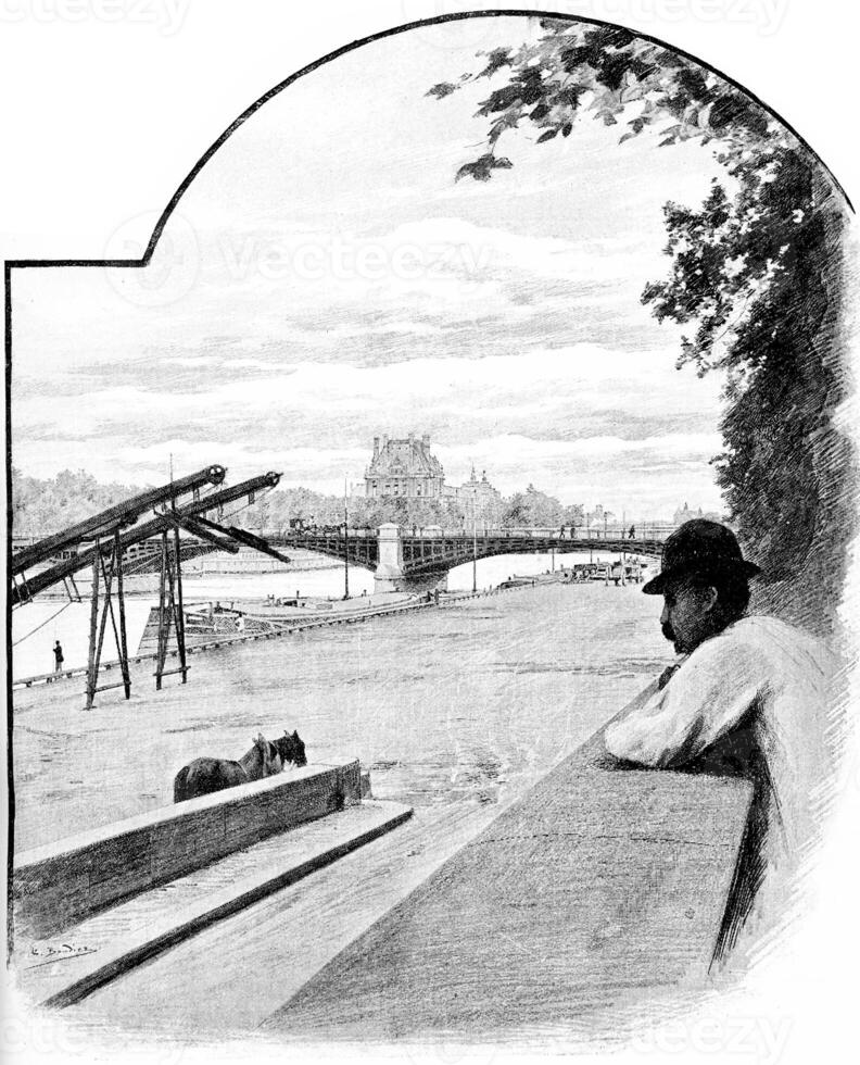 pont de solférino et pavillon de flore, vu de le quai d'Orsay, ancien gravure. photo