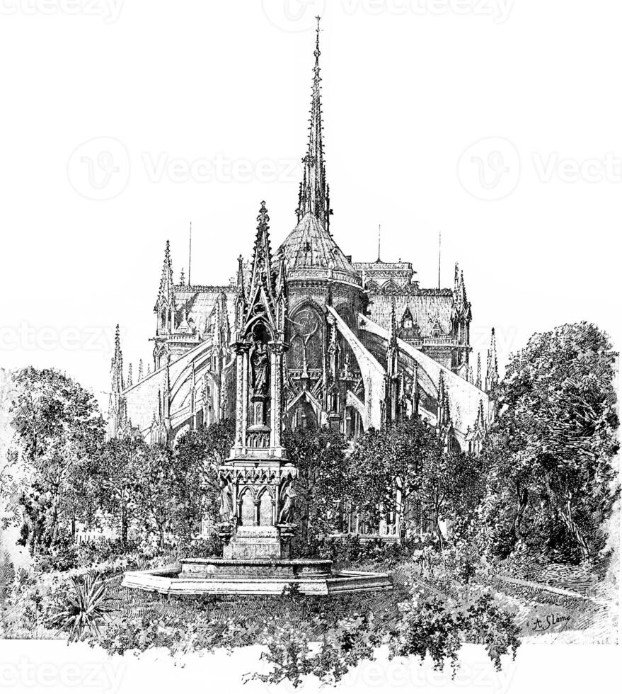 carré de le archidiocèse et abside de notre dame, ancien gravure. photo