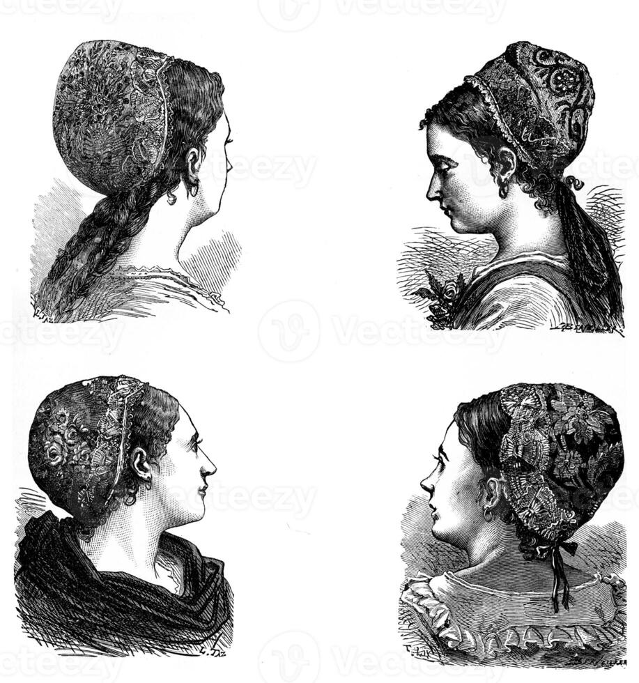 populaire art dans Alsace. casquettes brodé alsacien, ancien gravure. photo