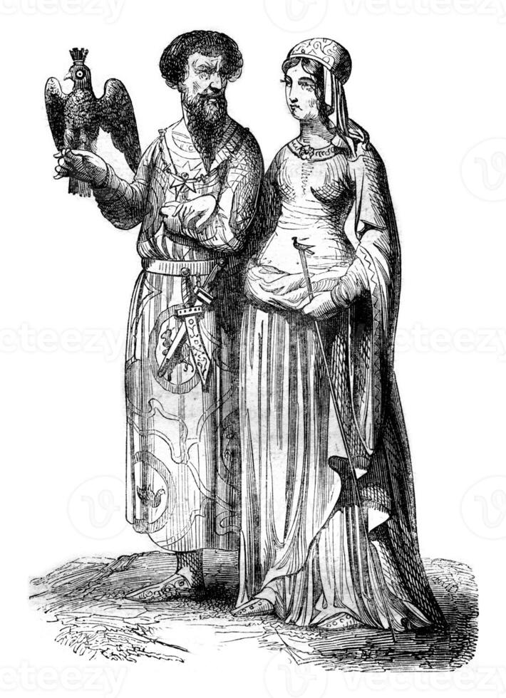 Seigneur et noble dame, ancien gravure. photo