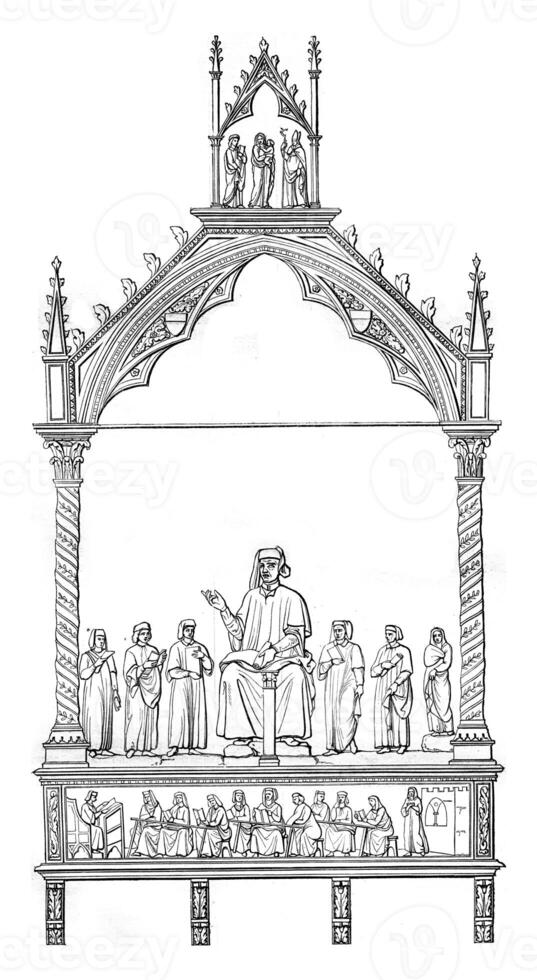 tombeau de cino da pistoie, par andre de pise, dans le église cathédrale de pistoie, ancien gravure. photo