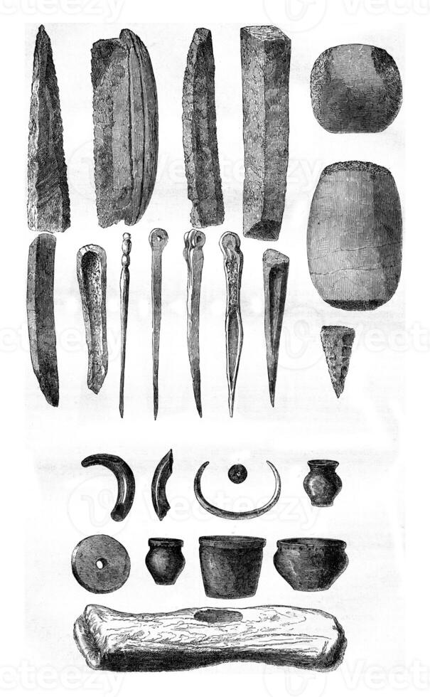 gaulois instruments, objets découvert dans le des lacs de Suisse, assiette ii, ancien gravure. photo