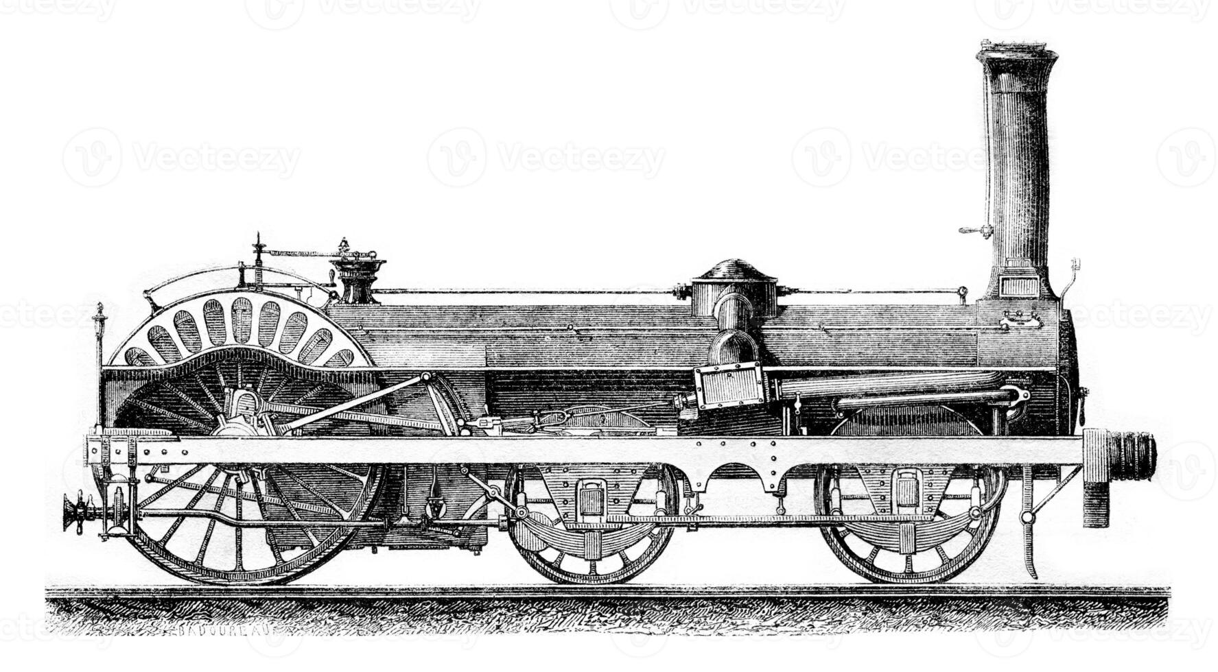 haute la vitesse locomotive crampons, ancien gravure. photo