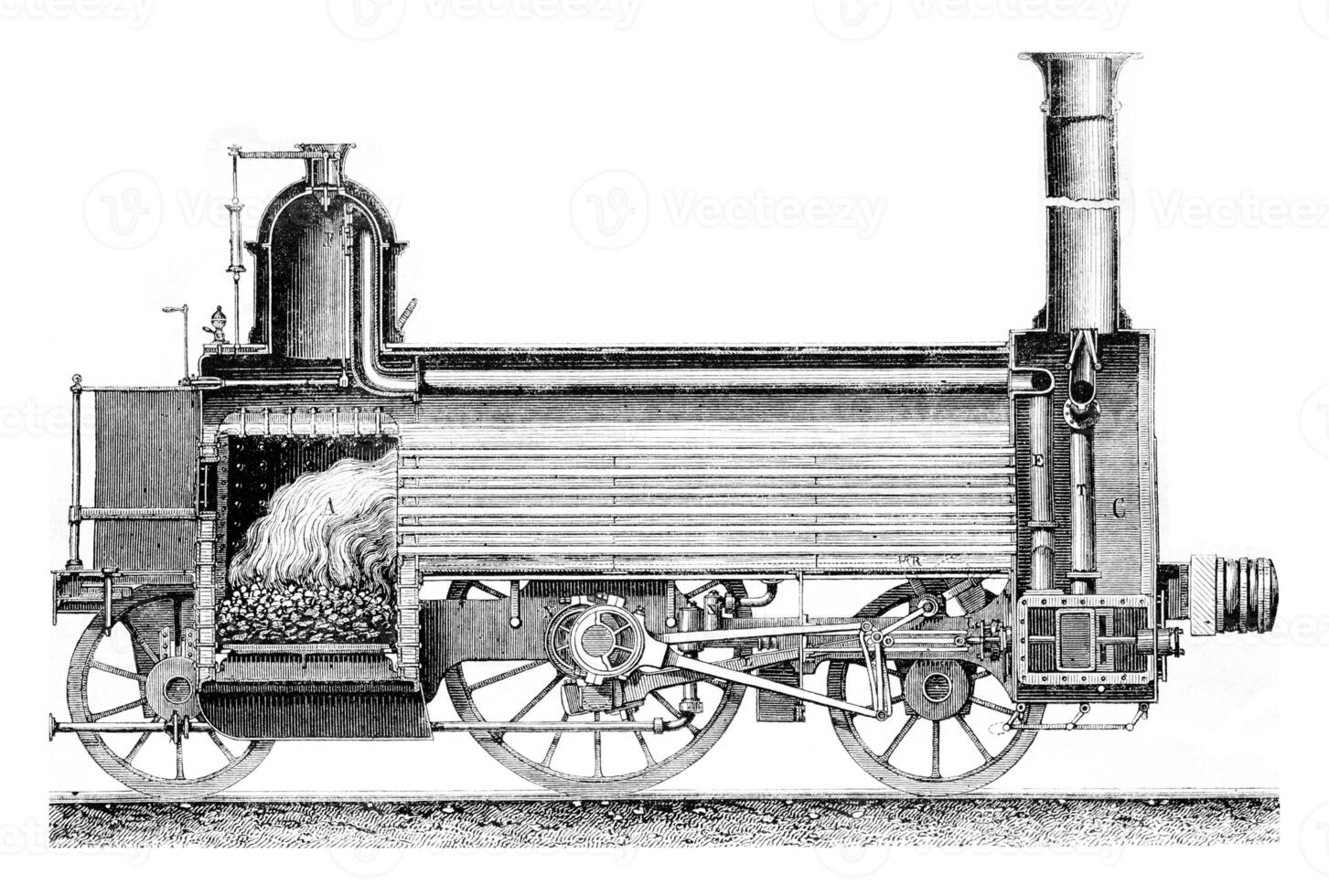 longitudinal section de une locomotive, ancien gravure. photo