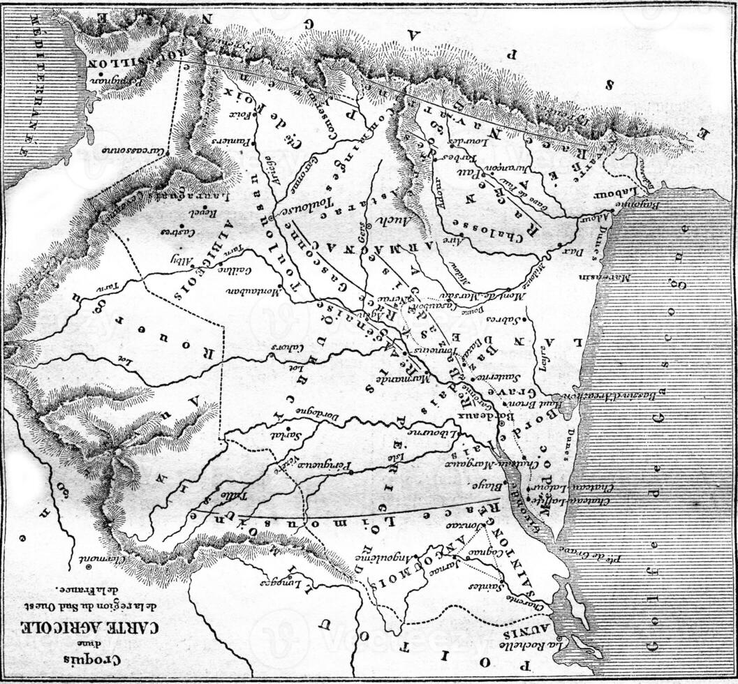 esquisser de un agricole carte de le Sud Ouest Région de France, ancien gravure. photo