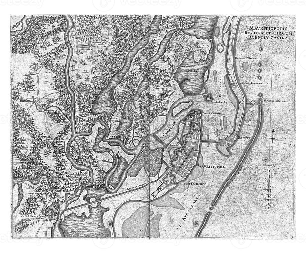 carte avec mauritsstad et recife, c. 1636-1644, ancien illustration. photo