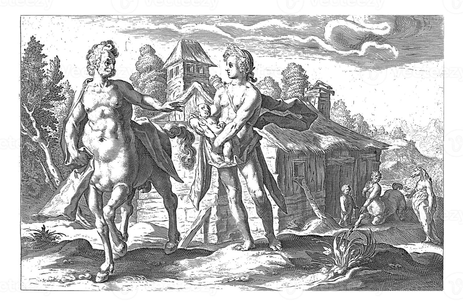 Apollon confie asclépios à chiron, ancien illustration. photo