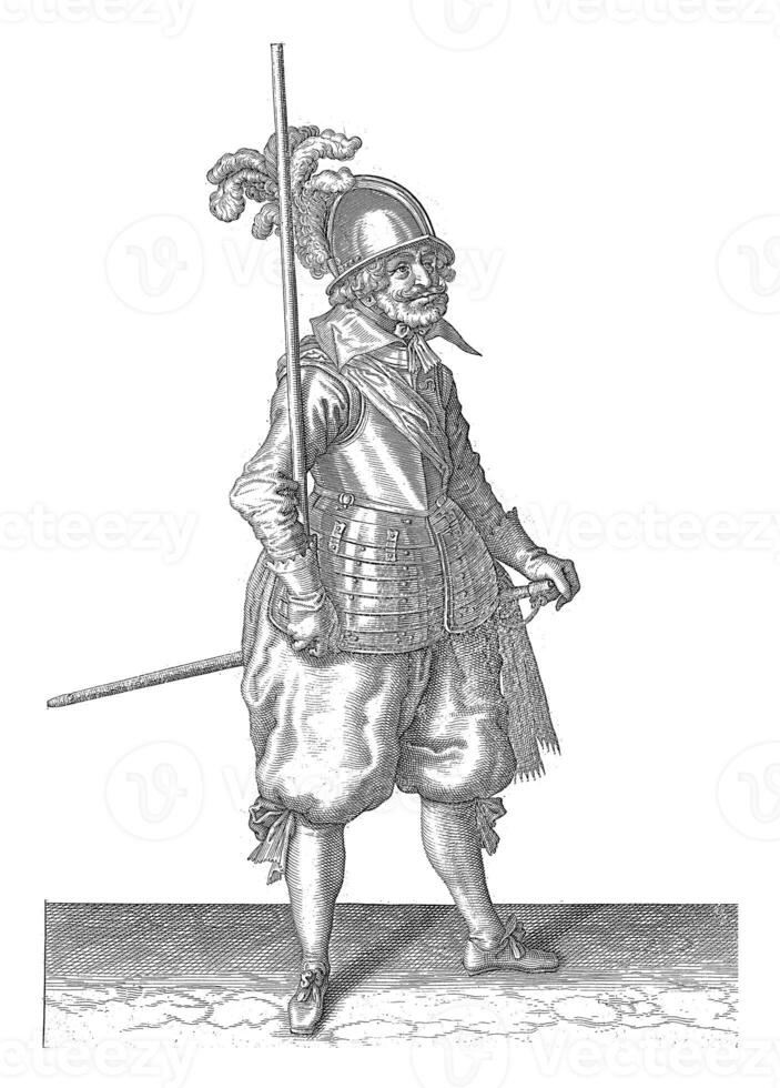 soldat porter le sien lance dans le droite main verticalement, ancien illustration. photo
