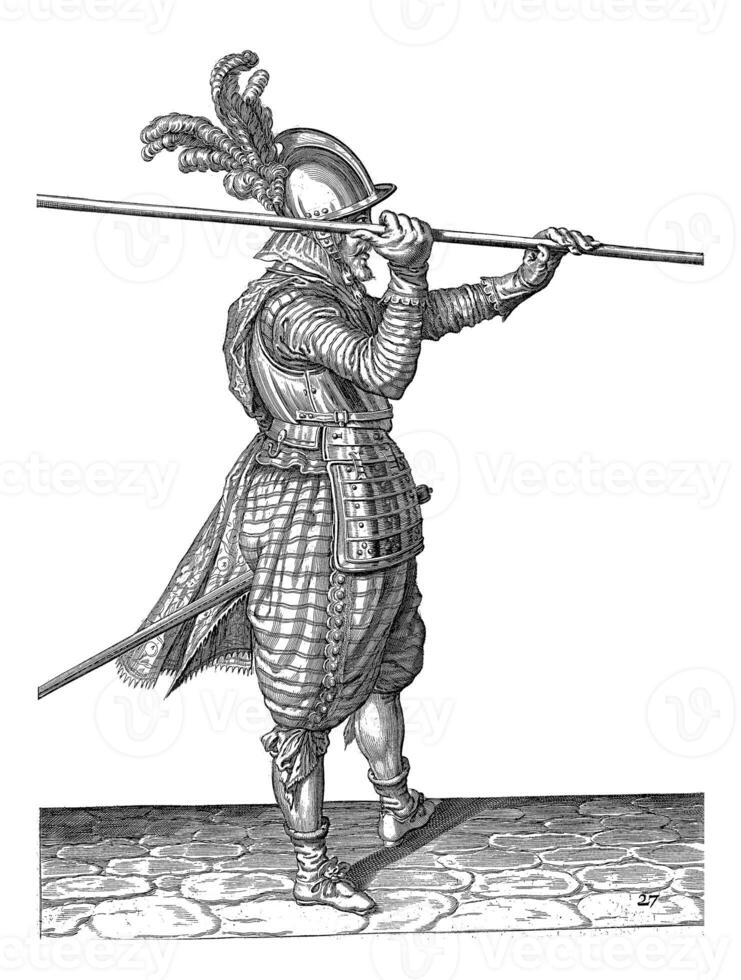 soldat levage le sien brochette horizontalement plus de le sien droite épaule, ancien illustration. photo