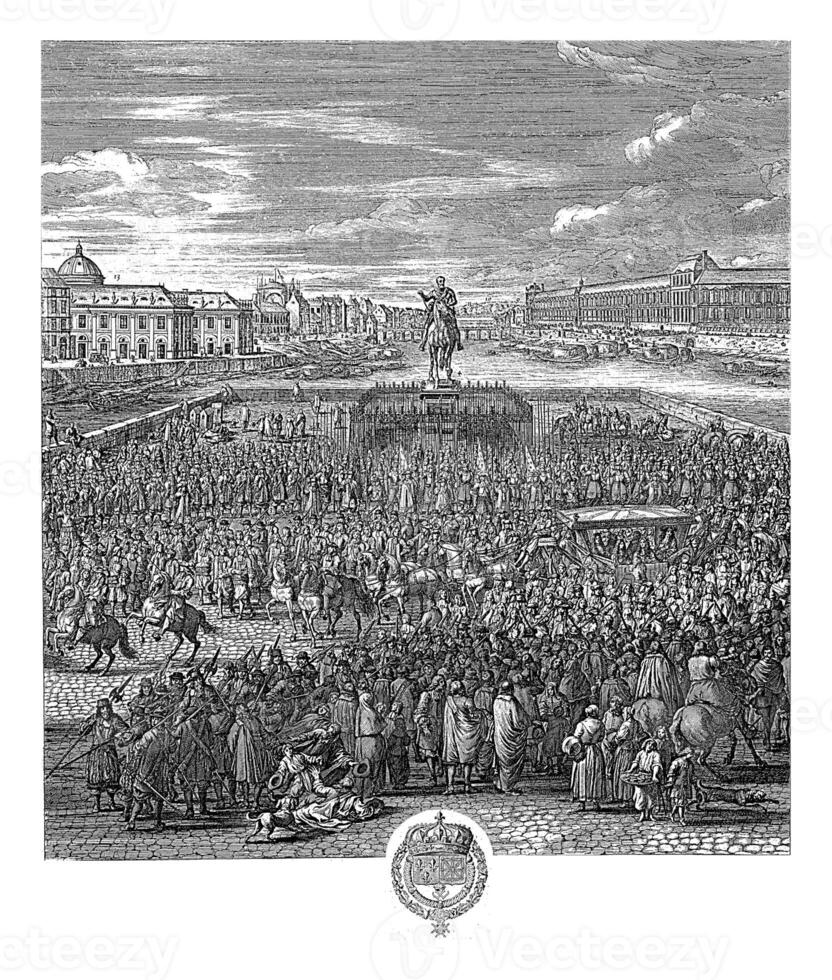 Roi Louis xiv de France équitation avec le sien entourage sur le pont-neuf photo