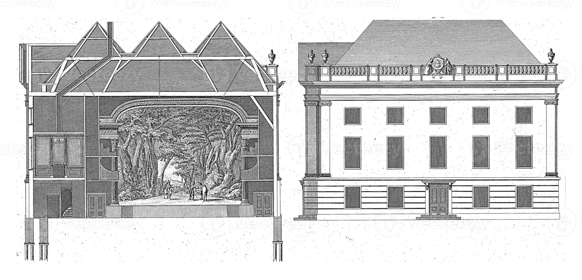 section et côté façade de le théâtre de amsterdam, renier vins je, après Jacob Édouard de blanc, 1774 photo