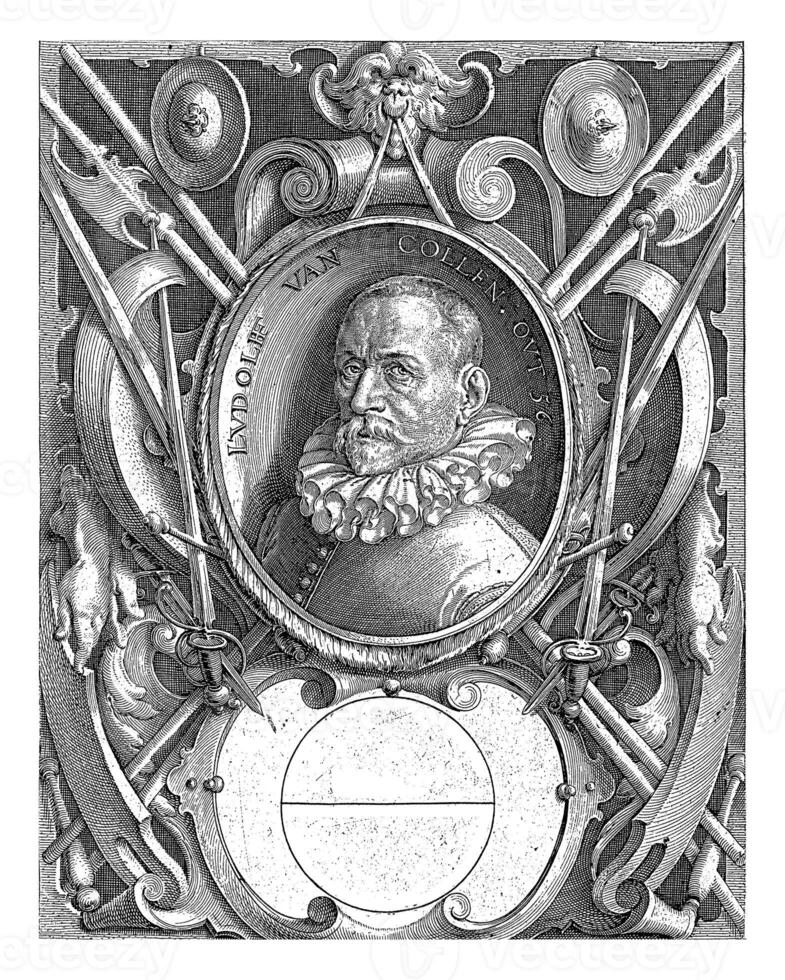 Titre page Ludolf van ceulen, vanden cercle delft 1596, avec une portrait de Ludolf van ceulen à le âge de 56 photo