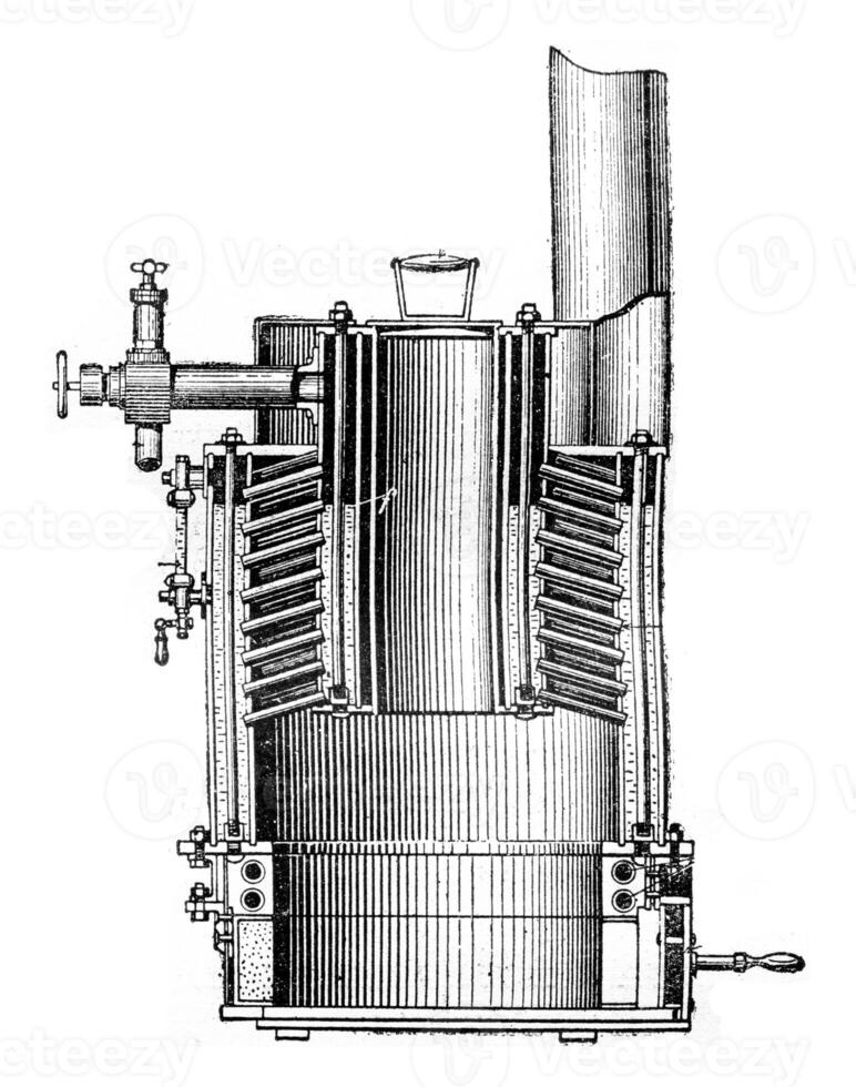 traverser section de une Chaudière vapeur voiture camion, ancien gravure. photo